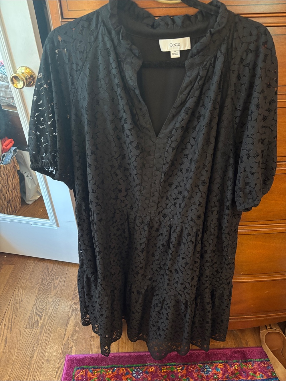 CeCe Black Lace Tiered Short Sleeve Mini Dress